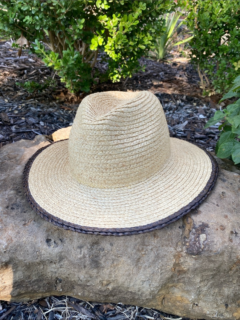 ZARA Straw Fedora Hat with Dark Braid Trim - Natural
